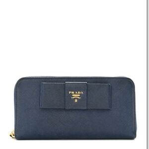 Prada Navy Blue Saffiano Fiocco Bow Zip Around Wallet Bluette